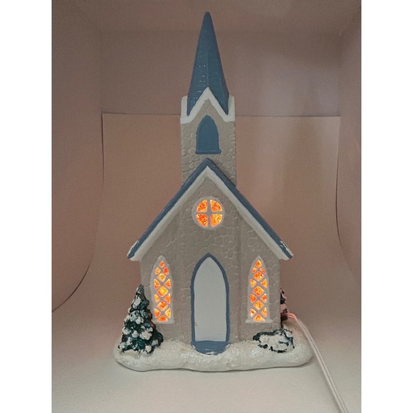 Vintage Ceramic Light Up winter Church Village Blue Steeple Stained Glass Look - Picture 2 of 16